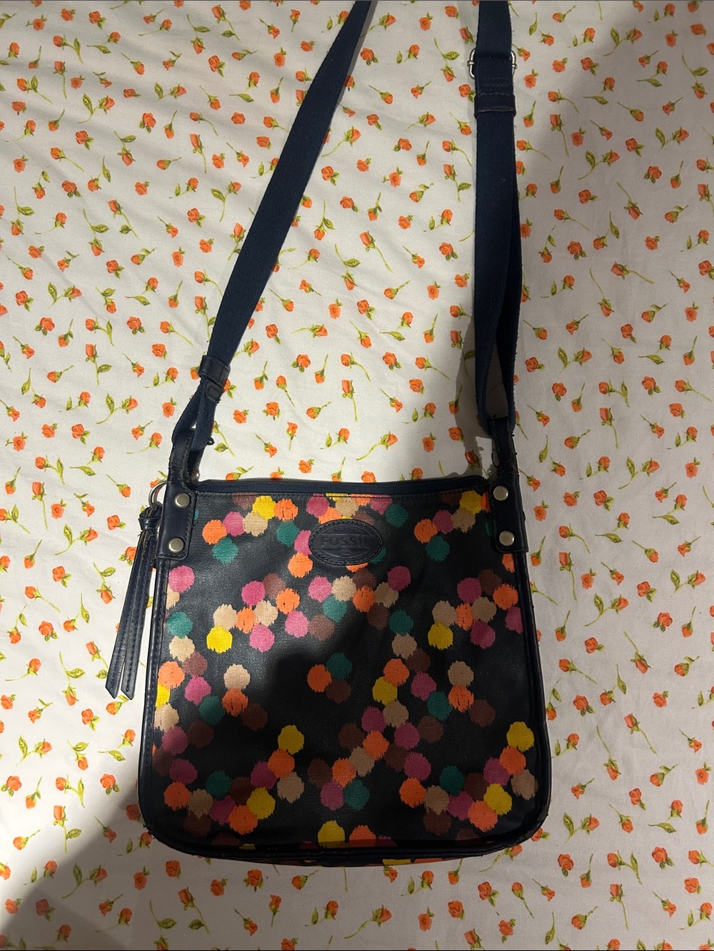 Fossil Black Crossbody Bag with Multicolor Dot Pattern